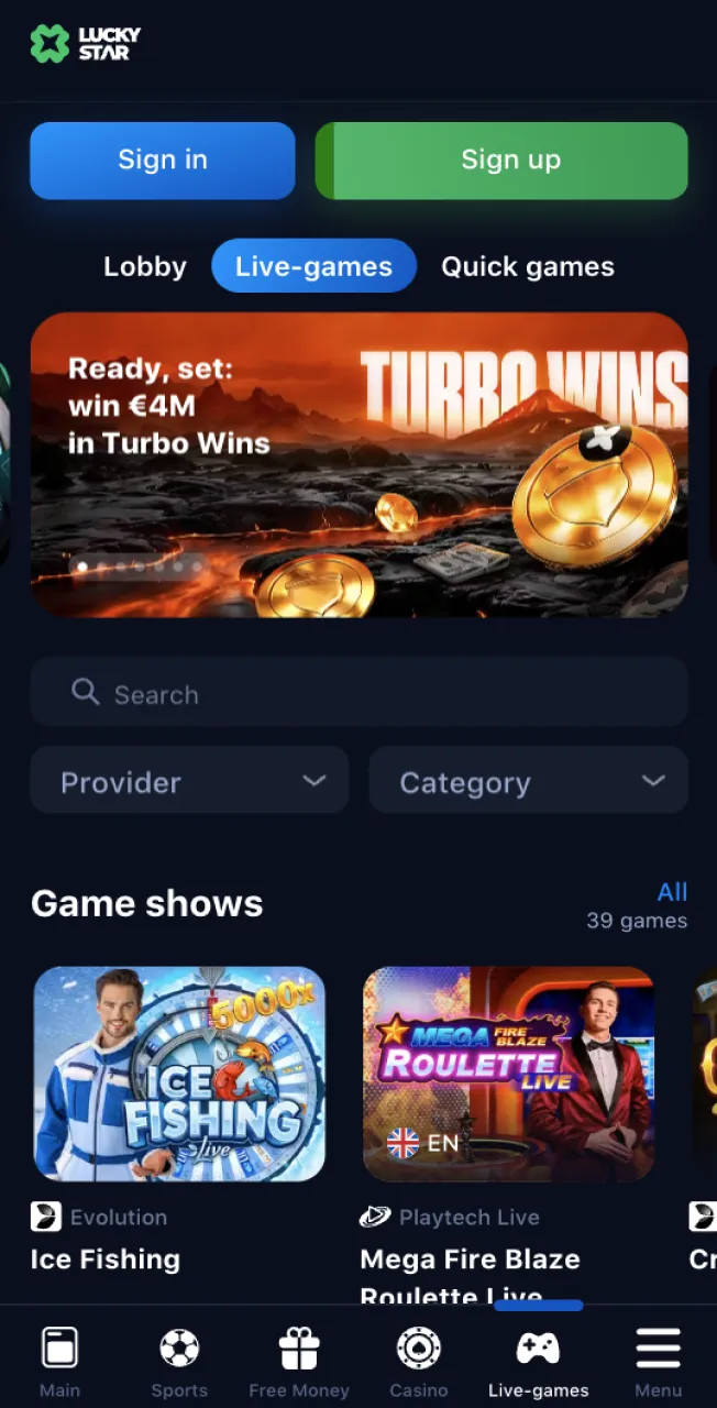 The live games section on the Lucky Star website will delight you with its simplicity and convenience.